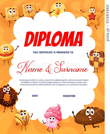 Kids diploma bakery, pastry, cakes and cookies personages. Cartoon vector school or kindergarten certificate with funny characters donut, muffin, shortbread, rye bread and crackers sweets 95883960