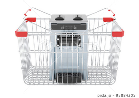 Shopping basket with commercial ice cream machine, 3D rendering Shopping basket with commercial ice cream machine, 3D rendering 95884205