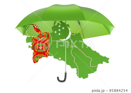 Turkmen map under umbrella. Security and protect or insurance concept, 3D rendering Turkmen map under umbrella. Security and protect or insurance concept, 3D rendering 95884254