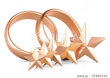 Wedding rings with five golden stars. 3D rendering Wedding rings with five golden stars. 3D rendering 95884256