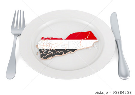 Yemeni cuisine concept. Plate with map of Yemen. 3D rendering 95884258