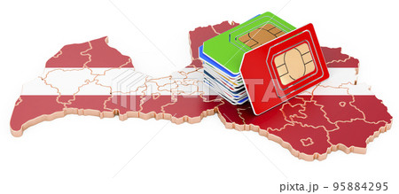 Sim cards on the Latvian map. Mobile communications, roaming in Latvia, concept. 3D rendering 95884295
