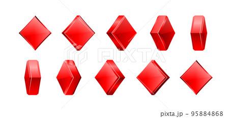Set of Diamonds suit cards. The suit of playing cards is rotated at different angles. 3d Vector Set of Diamonds suit cards. The suit of playing cards is rotated at different angles. 3d Vector 95884868