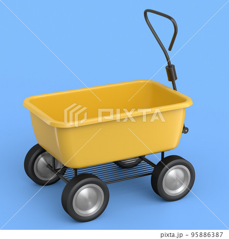 Garden wheelbarrow isolated on blue background. Handcart with wheel. 95886387