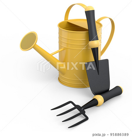Watering can with garden tools like shovel, rake and fork on white background. Watering can with garden tools like shovel, rake and fork on white background. 95886389