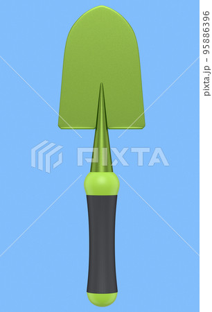 Garden shovel or trowel with wooden handle on blue background, summer camping Garden shovel or trowel with wooden handle on blue background, summer camping 95886396