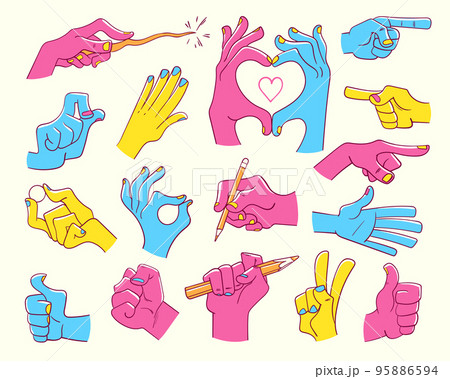 Various gestures of differently colored hands. Set of cartoon vector illustrations Various gestures of differently colored hands. Set of cartoon vector illustrations 95886594
