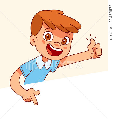 Boy points his finger at the empty poster. Template for children design Boy points his finger at the empty poster. Template for children design 95886675
