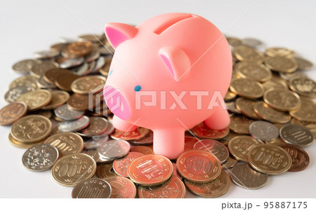 豚の貯金箱と硬貨　小銭と貯金箱　資産 95887175