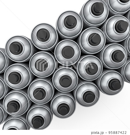 Set of spray paint cans in row on white background. Spray bottle and dispenser 95887422