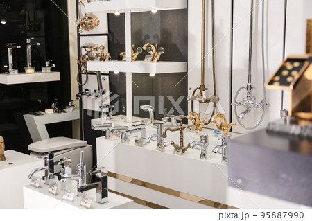 New shiny faucets in bathroom fixtures store. Total wholesale New shiny faucets in bathroom fixtures store. Total wholesale 95887990