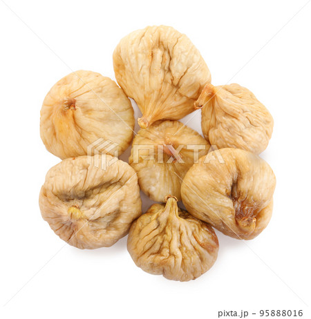 Pile of tasty dried figs isolated on white, top view 95888016