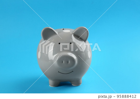 Cute grey piggy bank on blue background 95888412