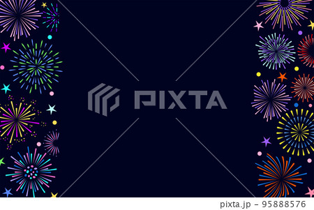 Fireworks carnival border. Celebration fire firework frame for christmas new year poster, firecracker night festival banner, birthday party card. Vintage sunburst bursting sun radial rays beams 95888576