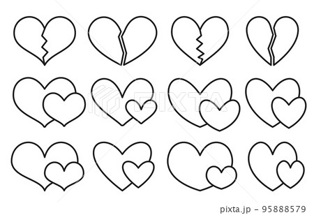Heart black outline icon set. Different shape romantic linear love symbol. Couples of hearts in love and broken concept icons. Coloring book page with wedding or Valentine day signs isolated on white 95888579