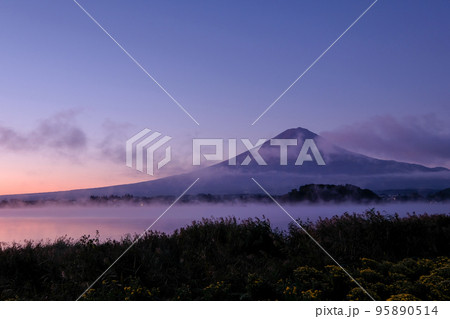夜明け前の山梨県河口湖と富士山 95890514