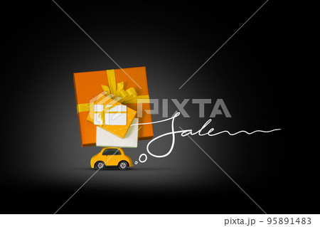 Background for Black Friday sale, yellow small car carries on the roof many purchases and gifts lettering Sale 95891483