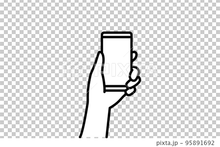 スマートフォンの操作、両手でスマホを持つシンプルな線画 95891692