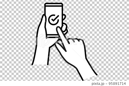 無現金、在線支付、手持帶複選標記的智能手機 95891714