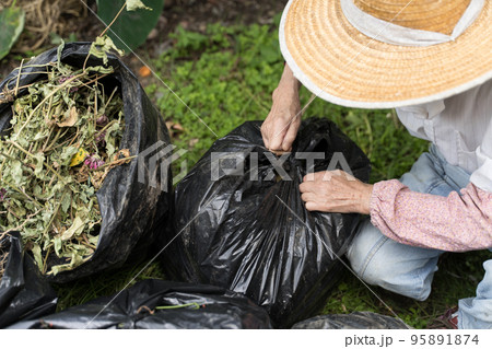 ゴミ袋を縛るシニア女性 95891874