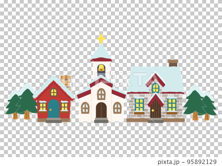 Illustration of a house or church with snow on the roof / no line drawing 95892129