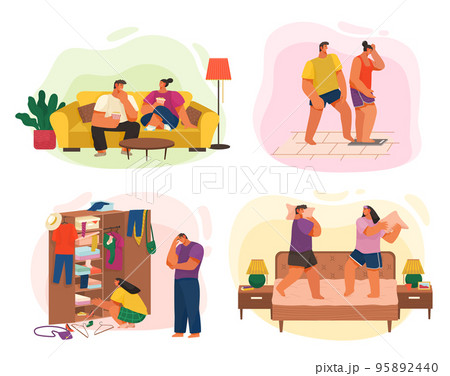 Life of young couple, eating popcorn, weigh at scales, nothing to wear, fighting with pillows 95892440
