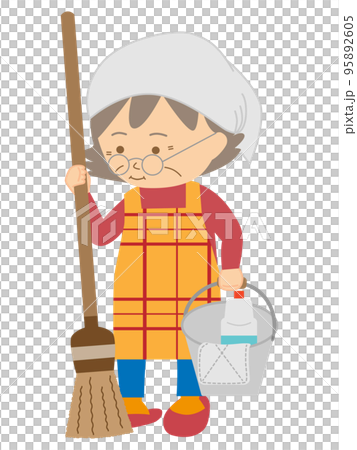 一個穿著帶掃帚和水桶的圍裙準備大掃除的女人 一個穿著帶掃帚和水桶的圍裙準備大掃除的女人 95892605