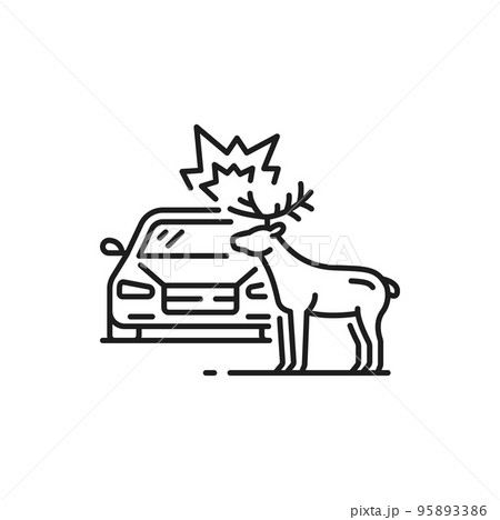 Car accident, collision or crash on road thin line icon. Automobile damage in road crash, car driving safety outline sign. Traffic violation thin line vector pictogram with car hitting deer animal Car accident, collision or crash on road thin line icon. Automobile damage in road crash, car driving safety outline sign. Traffic violation thin line vector pictogram with car hitting deer animal 95893386