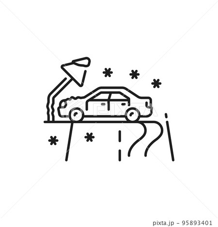 Car damage, crash or accident thin line icon. Car collision on icy winter road, accident pictogram. Vehicle driving safety thin line sign or automobile disaster, traffic violation simple vector symbol Car damage, crash or accident thin line icon. Car collision on icy winter road, accident pictogram. Vehicle driving safety thin line sign or automobile disaster, traffic violation simple vector symbol 95893401