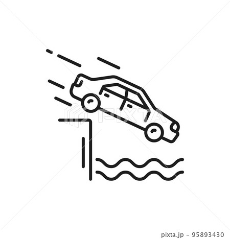 Car crash, accident or damage line icon. Automobile driving safety thin line symbol, car road crash or accident simple vector pictogram, traffic violation or collision sign with car falling in water Car crash, accident or damage line icon. Automobile driving safety thin line symbol, car road crash or accident simple vector pictogram, traffic violation or collision sign with car falling in water 95893430