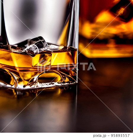 whiskey on clear glass and bottle also diced ice alcohol drawing. picture & image beverage illustration for background 95893557