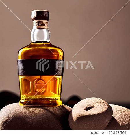 whiskey on clear glass and bottle also diced ice alcohol drawing. picture & image beverage illustration for background 95893561