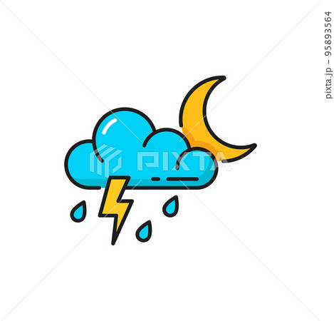 Weather forecast, thunderstorm rain and cloud moon, vector color outline icon. Night weather forecast of rainy cloudy overcast and thunder storm for climate temperature Weather forecast, thunderstorm rain and cloud moon, vector color outline icon. Night weather forecast of rainy cloudy overcast and thunder storm for climate temperature 95893564