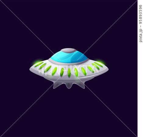 Ui game animation flying object, unidentified starship game asset isolated. Vector spacecraft alien ufo saucer or disk shape ship. Spaceship extraterrestrial station, cartoon cosmos galaxy invader 95893596