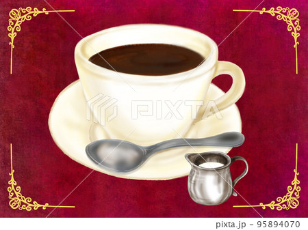 コーヒー_スプーンミルク付き_レトロ背景_レッド_横 コーヒー_スプーンミルク付き_レトロ背景_レッド_横 95894070