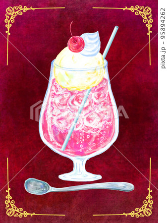 クリームソーダ_ストロベリーピンク_レトロ背景レッド 95894262
