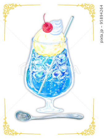 クリームソーダ_ブルー_レトロ背景_白のイラスト素材 [95894264] - PIXTA