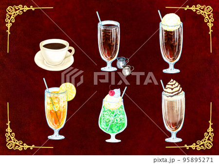 喫茶店のドリンクメニューセット_横_レトロ背景あり 喫茶店のドリンクメニューセット_横_レトロ背景あり 95895271