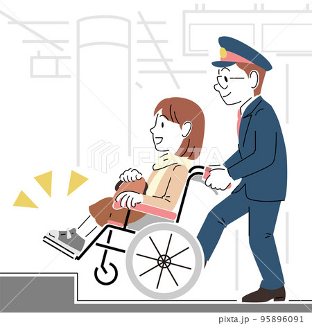 シンプルなタッチの車椅子の女性と介助する駅員 95896091
