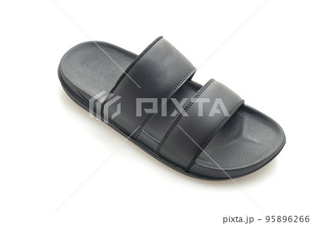 black leather sandals on white background 95896266