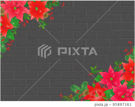 ポインセチアとサンキライの背景③(ななめ,黒レンガ) ポインセチアとサンキライの背景③(ななめ,黒レンガ) 95897161