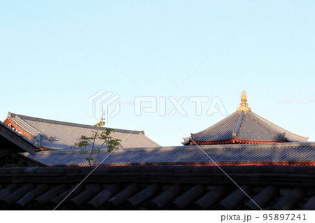 秋空に浮かぶ薬師寺玄奘塔の屋根 95897241