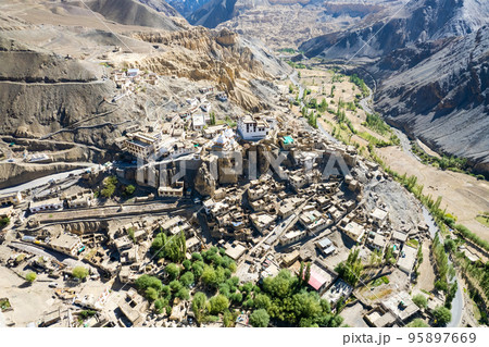 Aerial view of Lamayuru village and Lamayuru Monastery or Gompa is a tibetan style buddhist monastery in Ladakh, north India Aerial view of Lamayuru village and Lamayuru Monastery or Gompa is a tibetan style buddhist monastery in Ladakh, north India 95897669