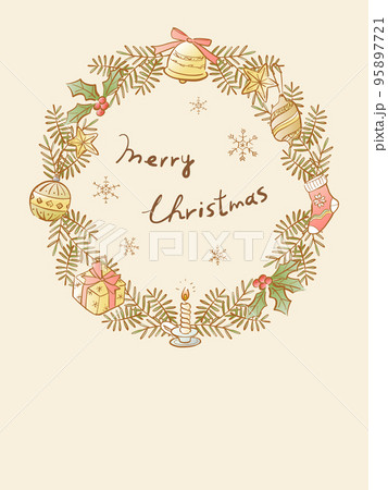 Natural wreath line drawing Christmas card... - Stock Illustration