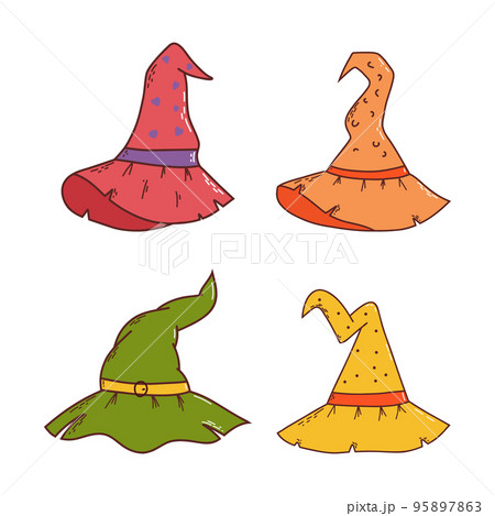 Set of witch hats. Halloween element. Trick or treat concept. Vector illustration in hand drawn style 95897863
