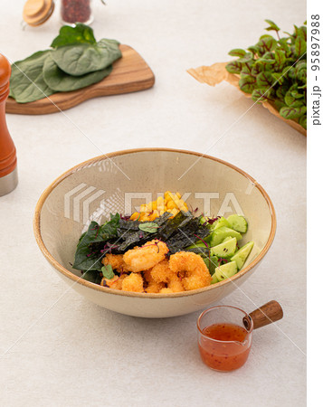 Shrimp poke bowl with vegetables and corn Shrimp poke bowl with vegetables and corn 95897988