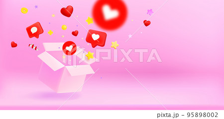 Open box with confetti and hearts. Fall in love concept. 3d vector banner with copy space Open box with confetti and hearts. Fall in love concept. 3d vector banner with copy space 95898002