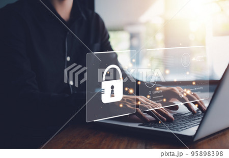 Username and password (Login) for technology cyber security internet and networking system. Businessman hand typing notebook (Laptop). Encryption, biometric identification fingerprint scanner. 95898398