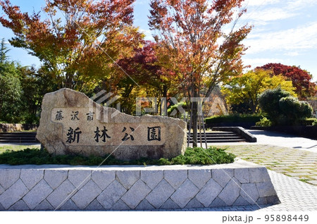 神奈川県藤沢市　新林公園の正面入口と色鮮やかな紅葉樹木 95898449