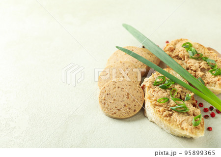 Concept of tasty food with liverwurst sausage, space for text 95899365